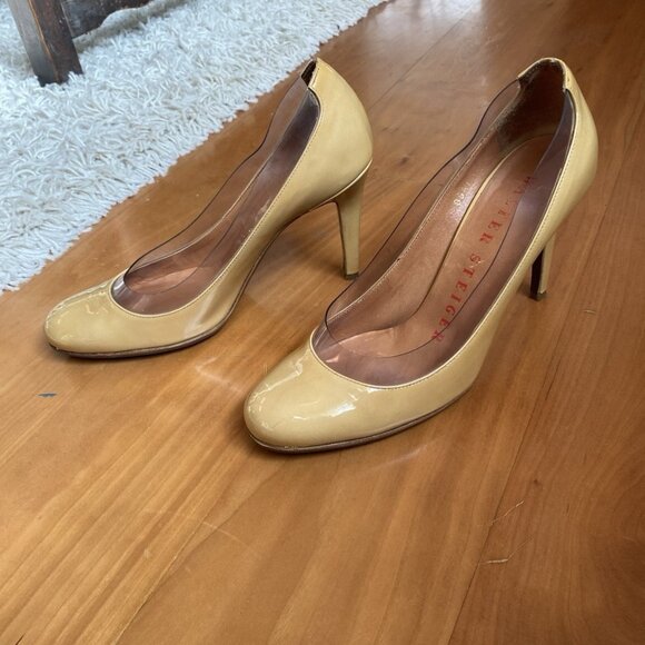 Walter Steiger Heels Pin Up Nude Beige Camel Pumps 38 / 7.5 Patent Leather Round - Picture 2 of 13